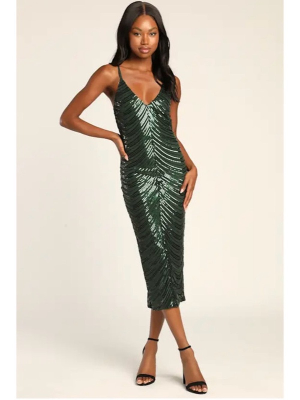 📌 NWOT Lulus Like a Movie Star Hunter Green Sequin Bodycon Midi Dress